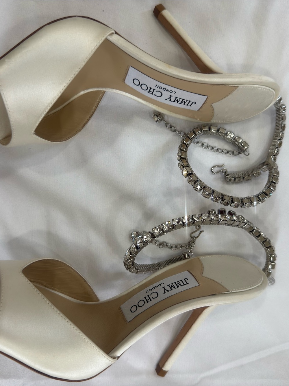 Jimmy Choo Saeda 100 Ivory Satin Crystal Ankle-Strap Sandals - Picture 5 of 10